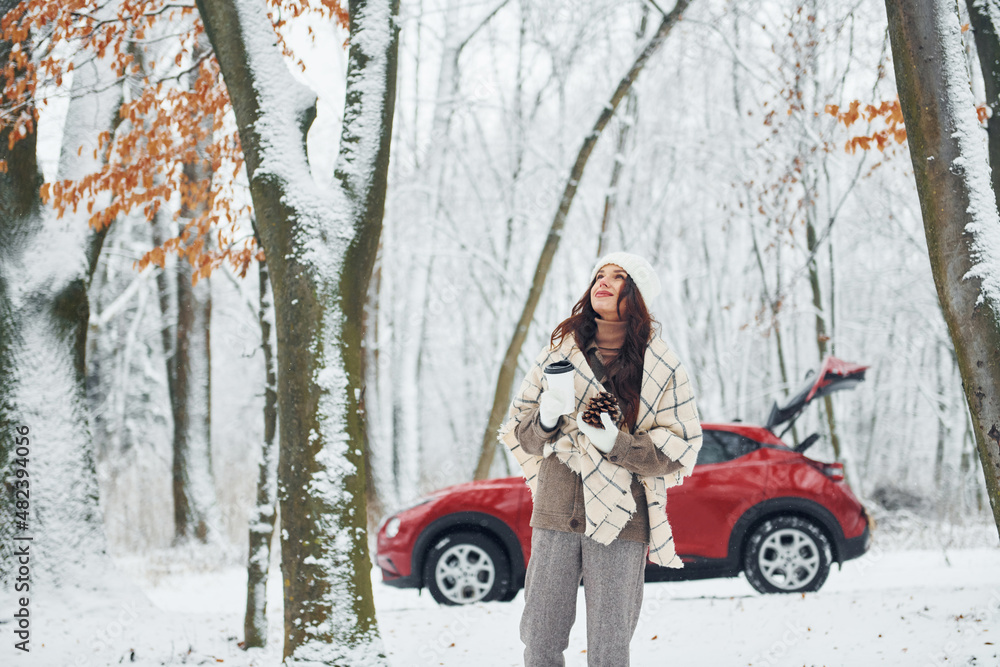 Having a walk in the forest. Beautiful young woman is outdoors near her red automobile at winter time