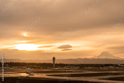 Seattle Airport, UNITED STATES OD AMERICA - JAN, 2020: Beautiful Sunset view