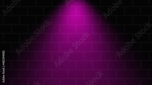 Empty brick wall with pink neon spotlight with copy space. Lighting effect pink color glow on brick wall background. Royalty high-quality free stock photo of lights blank background for texture