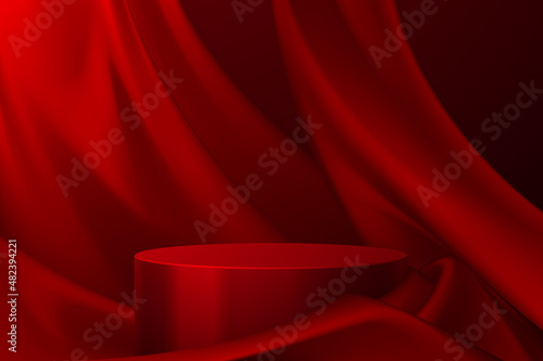 Red podium with red textile background