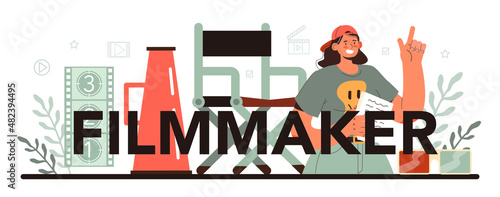 Filmmaker typographic header. Movie director leading a filming process.