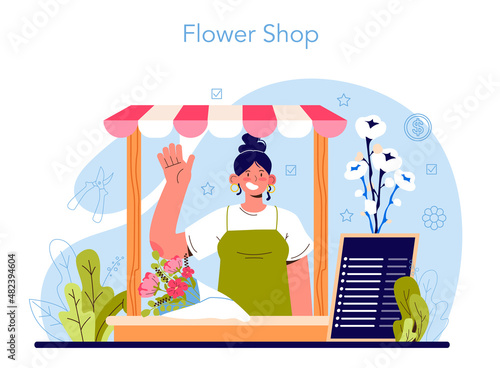 Florist concept. Floral designer making or arranging bouquet for