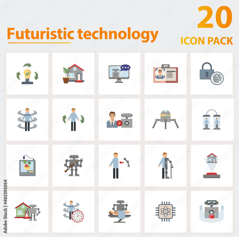 Futuristic Technology icon set. Collection of simple elements such as the renewable energy, eco house, intelligent assistant, human vs ai, nanorobots, food printer, biometric id card.
