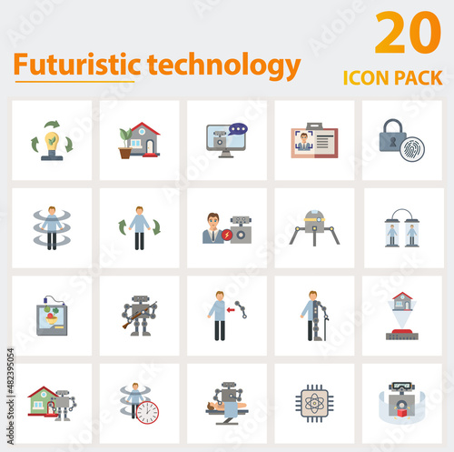 Futuristic Technology icon set. Collection of simple elements such as the renewable energy, eco house, intelligent assistant, human vs ai, nanorobots, food printer, biometric id card.