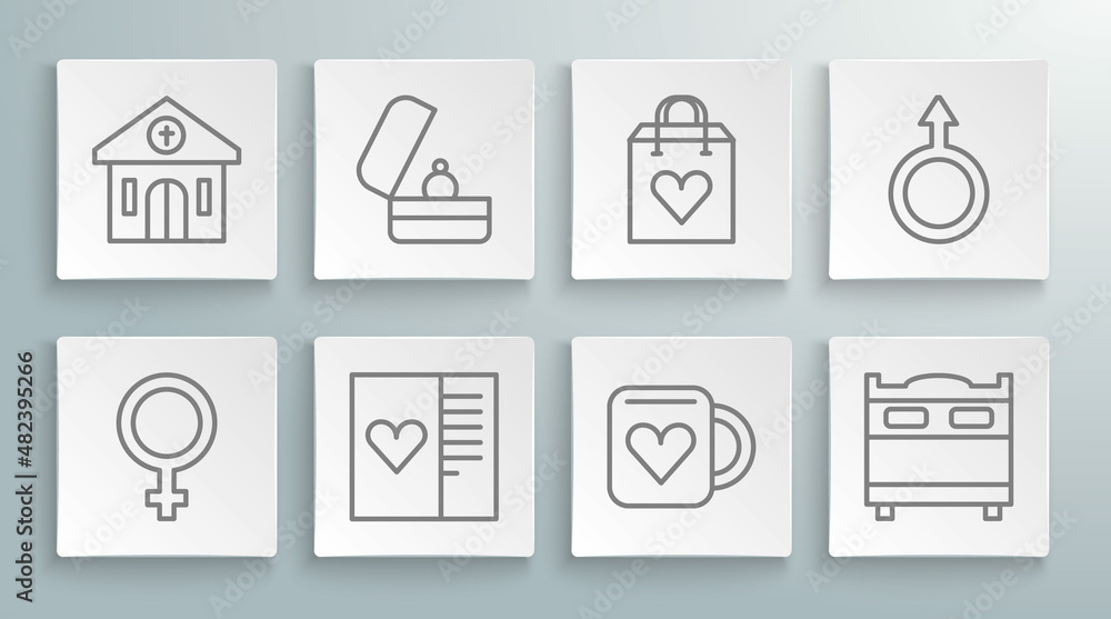 Set line Female gender symbol, Wedding rings, Postcard with heart, Coffee cup and, Bedroom, Shopping bag, Male and Church building icon. Vector Set line Female gender symbol, Wedding rings, Postcard with heart, Coffee cup and, Bedroom, Shopping bag, Male and Church building icon. Vector