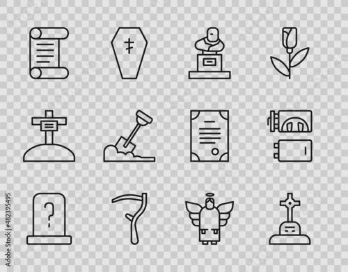 Set line Grave with tombstone, cross, Scythe, Decree, parchment, scroll, Shovel in ground, Christmas angel and Crematorium icon. Vector