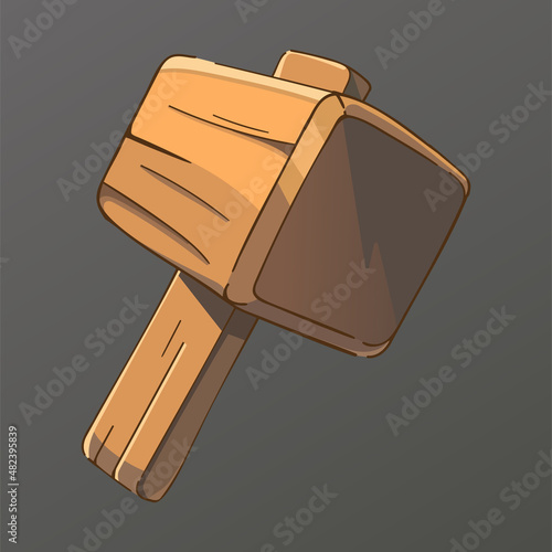 Wooden hammer for game design. Gain, a weapon for hunting monsters. Template for mobile, client and browser applications. Volumetric vector colorful object for stylization.
