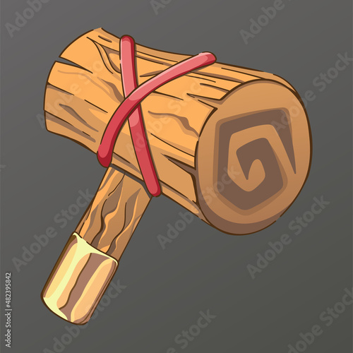 Wooden hammer for game design. Gain, a weapon for hunting monsters. Template for mobile, client and browser applications. Volumetric vector colorful object for stylization.