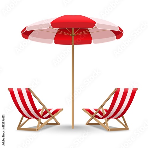 Beach deckchairs umbrella