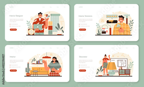 Interior designer web banner or landing page set. Decorator planning
