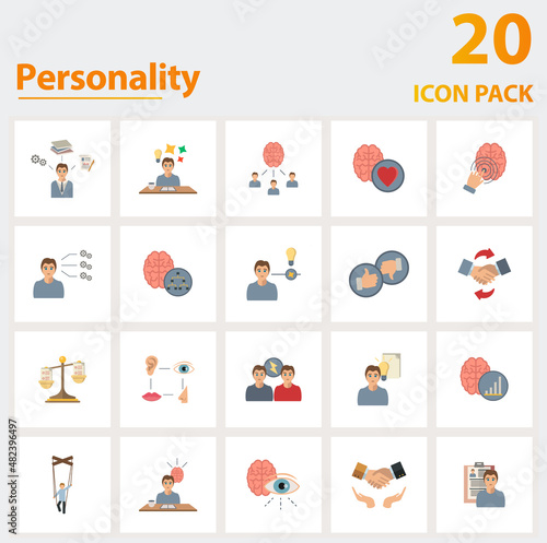 Personality icon set. Collection of simple elements such as the open-minded, unlocking new abilities, shared mind, fast thinking, criticism, principles, emotional intelligence.