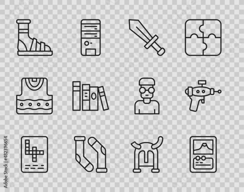 Set line Crossword, Card game, Sword for, Socks, Slippers with socks, Book, Viking in horned helmet and Ray gun icon. Vector
