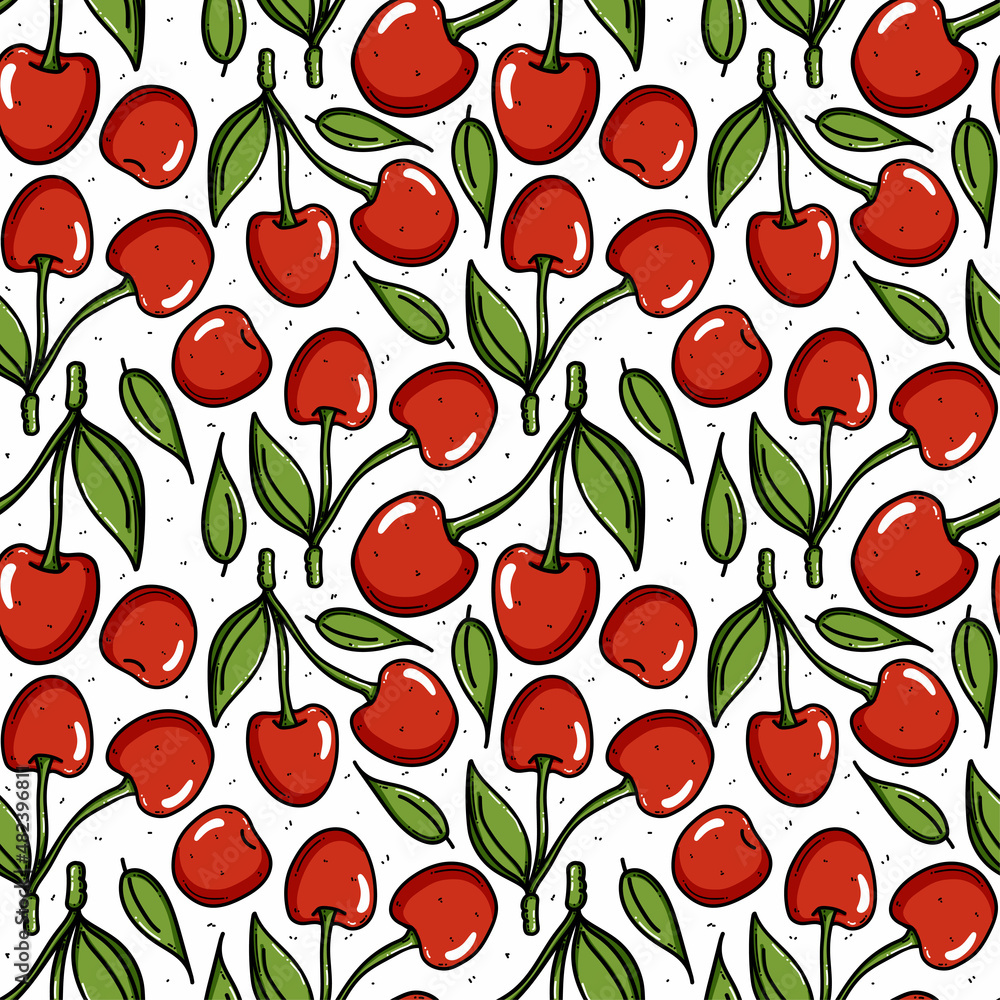 Cherry background, seamless pattern vector illustration. Good for textile, wrapping, wallpapers, etc. Sweet red ripe cherries isolated on white background. Cherry background, seamless pattern vector illustration. Good for textile, wrapping, wallpapers, etc. Sweet red ripe cherries isolated on white background.