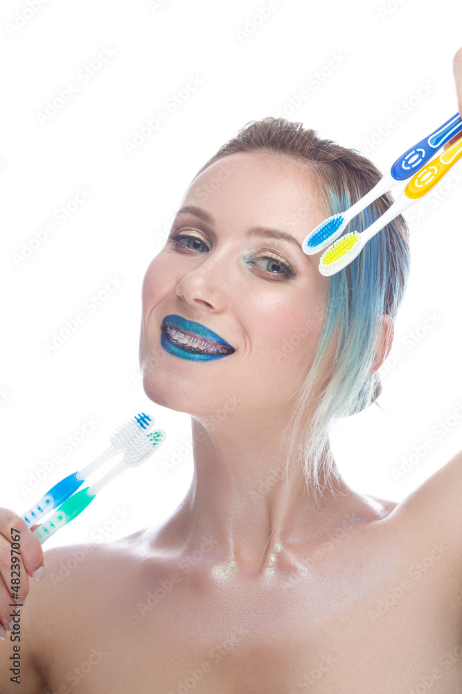 Female In Two Minds Between Set of Manual Toothbrushes for Cleaning Teeth As Dental Care Products Ideas. Female In Two Minds Between Set of Manual Toothbrushes for Cleaning Teeth As Dental Care Products Ideas.