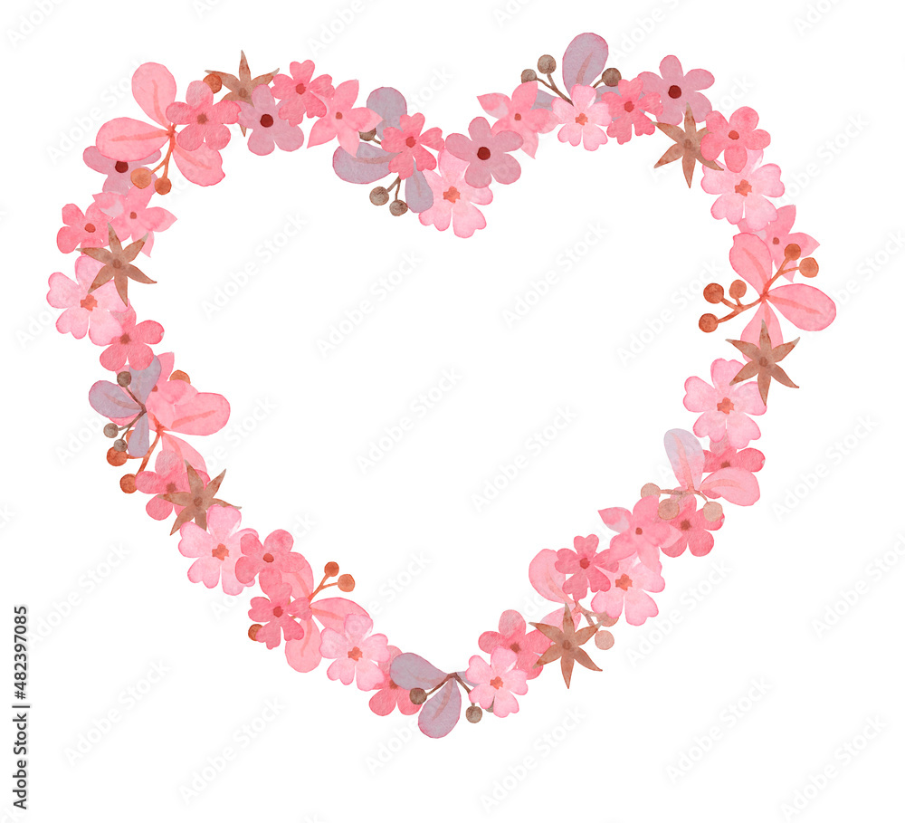 Frame of pink watercolor flowers in the shape of a heart. Love concept for postcards, labels, posters, stationery, fabric. Congratulations on Valentine's Day, anniversary, birthday