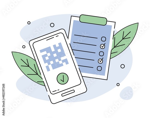 Health passport of vaccination on mobile phone screen with qr-code. Certificate of vaccination app with on-line tracking virus infection immune and pass check mark. Flat design vector illustration