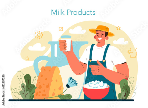 Dairy farm. Milkmaid milking a cow. Milk, cheese, butter making