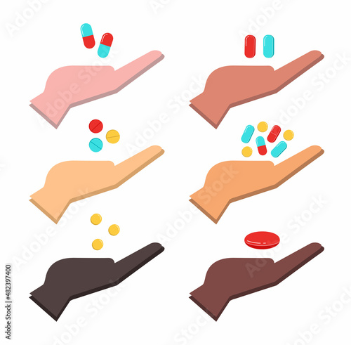Hands with pill vector illustration in flat style. Cartoon multi ethnic human hands holding medical pills, medicine tablets, drugs, vitamin capsules in open palm. Concept of choice. Isolated icons set