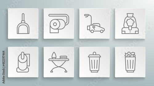 Set line Toilet paper roll, Iron and ironing board, Trash can, Full trash, Lawn mower, Cleaning lady service and Dustpan icon. Vector