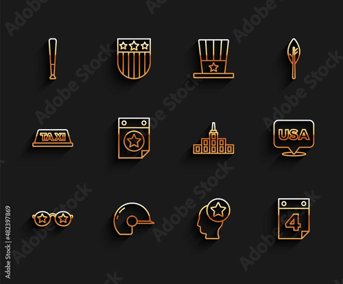 Set line Glasses with stars, Baseball helmet, bat, USA Head, Calendar date July 4, Independence day and City landscape icon. Vector