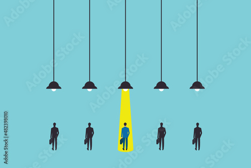 Business hiring and recruitment vector concept with spotlight on one person from crowd. Career opportunity symbol