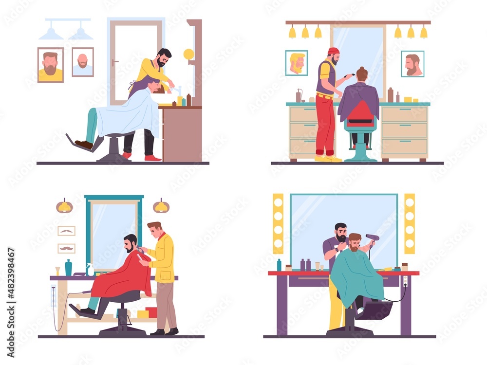 Barbers with men clients. Hairdressers give haircuts. Stylists shampooing and cutting. Styling and trimming. Professional beauty salon. Workplace interior. Vector barbershop scenes set