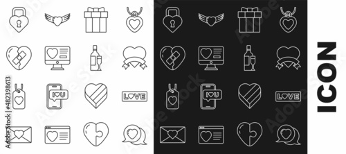 Set line Heart in speech bubble, Love text, Gift box, Dating app online, Healed broken heart, Castle the shape of and Champagne bottle icon. Vector