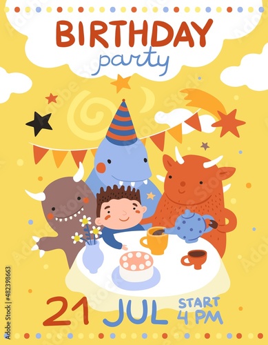Children birthday. Little boy drinking tea with friends. Kind monsters feast. Kids holiday party with fantastic creatures. Imaginary bizarre animals celebrate holiday. Vector invitation