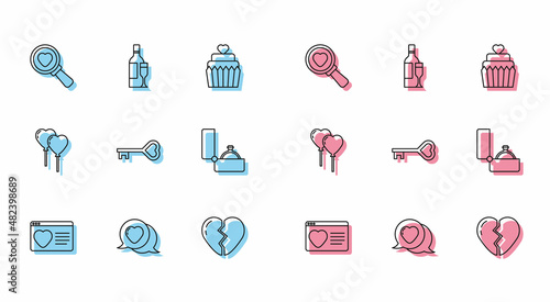 Set line Dating app online, Heart speech bubble, Search heart and love, Broken, Key shape, Diamond engagement ring, Balloons form of and Champagne bottle icon. Vector