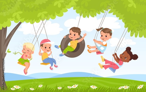 Children rope swings. Kids play on nature. Friends group swinging under trees foliage. Flying on wheel tire. Girls and boys have fun. Outdoor activities. Summer leisure. Vector concept