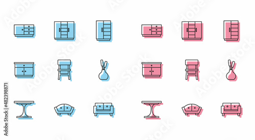 Set line Round table, Sofa, Chest drawers, Chair, Vase, Furniture nightstand and Wardrobe icon. Vector