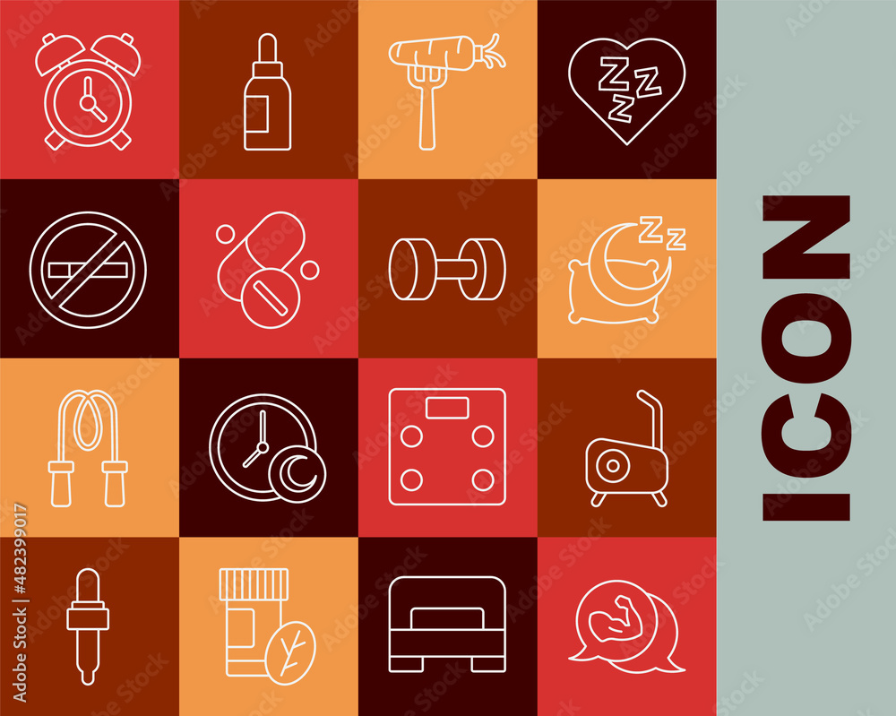 Set line Bodybuilder muscle, Stationary bicycle, Time to sleep, Carrot fork, Vitamin pill, No Smoking, Alarm clock and Dumbbell icon. Vector Set line Bodybuilder muscle, Stationary bicycle, Time to sleep, Carrot fork, Vitamin pill, No Smoking, Alarm clock and Dumbbell icon. Vector