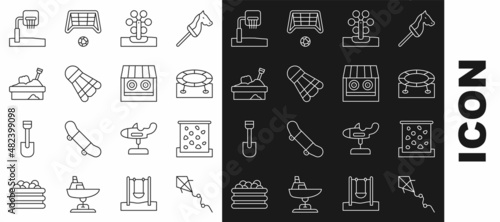 Set line Kite, Climbing wall, Jumping trampoline, Ferris wheel, Badminton shuttlecock, Sandbox with sand, Basketball backboard and Shooting gallery icon. Vector