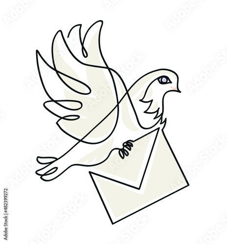 One line drawing of white dove carrying envelope.
One continuous line drawing of White Homing pigeon with letter
