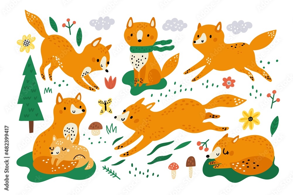 Cute foxes. Funny kids animals. Orange forest mammals. Wild fauna. Vixens running or relaxing in different poses. Happy mom and child. Plants elements. Vector woodland predators set