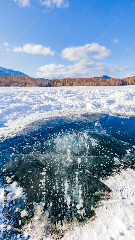 Obraz premium 冬の糠平湖 雪の下から出てきたアイスバブル 縦構図