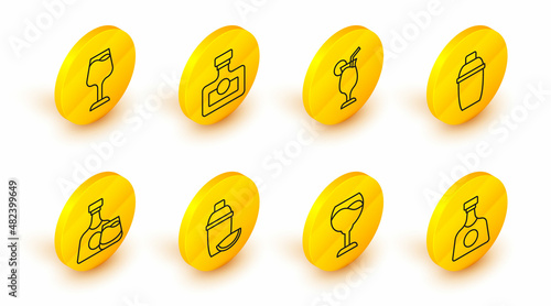 Set line Tequila bottle, Wine glass, Cocktail shaker with lime, Whiskey and, Alcohol drink Rum and icon. Vector