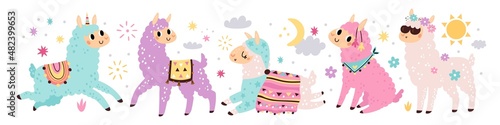 Fototapeta Naklejka Na Ścianę i Meble -  Cute llamas. Funny smiling characters, fluffy colorful alpacas with patterned blankets, pretty animals and clouds, cartoon kawaii camels, childish decor collection, vector isolated set