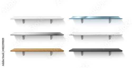 Empty different materials shelves. Plastic, wooden, glass and marble shelving with shadow. Exhibition racks. Realistic wall interior storage. Square bookshelves. Vector furniture set