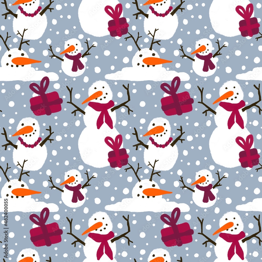 Winter seamless snowman pattern for fabrics and textiles and packaging and gifts and cards and linens and kids Winter seamless snowman pattern for fabrics and textiles and packaging and gifts and cards and linens and kids