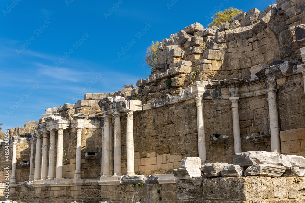 ruins of the ancient Roman nymphaeum - a sacred fountain with a source of water - in Side, Turkey