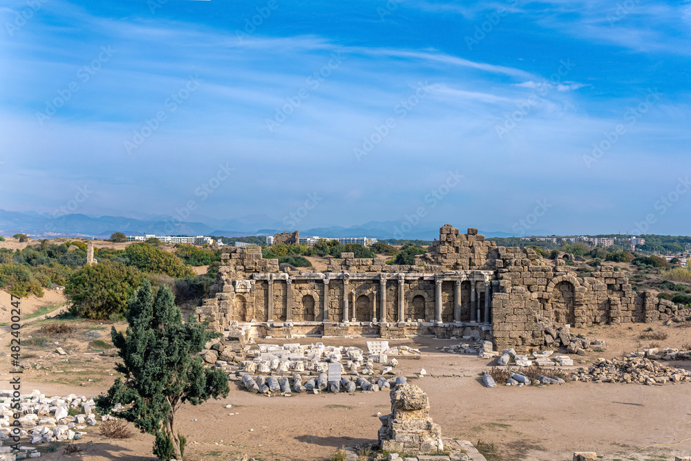 ruins of the antique city of Side (now Manavgat, Turkey) with the agora building in the foreground