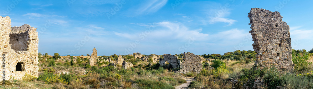 panorama with ruins on the site of the ancient city of Side in the vicinity of modern Manavgat, Turkey