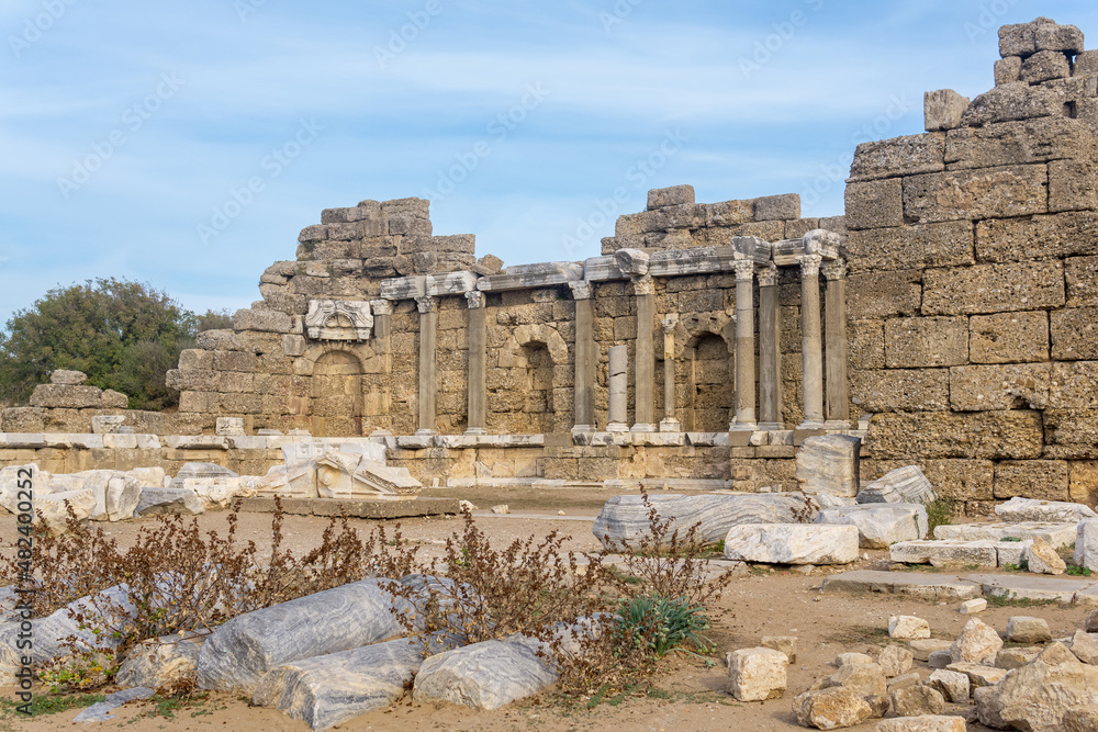 ruins of the ancient Roman agora - public space of antique city - in Side, Turkey