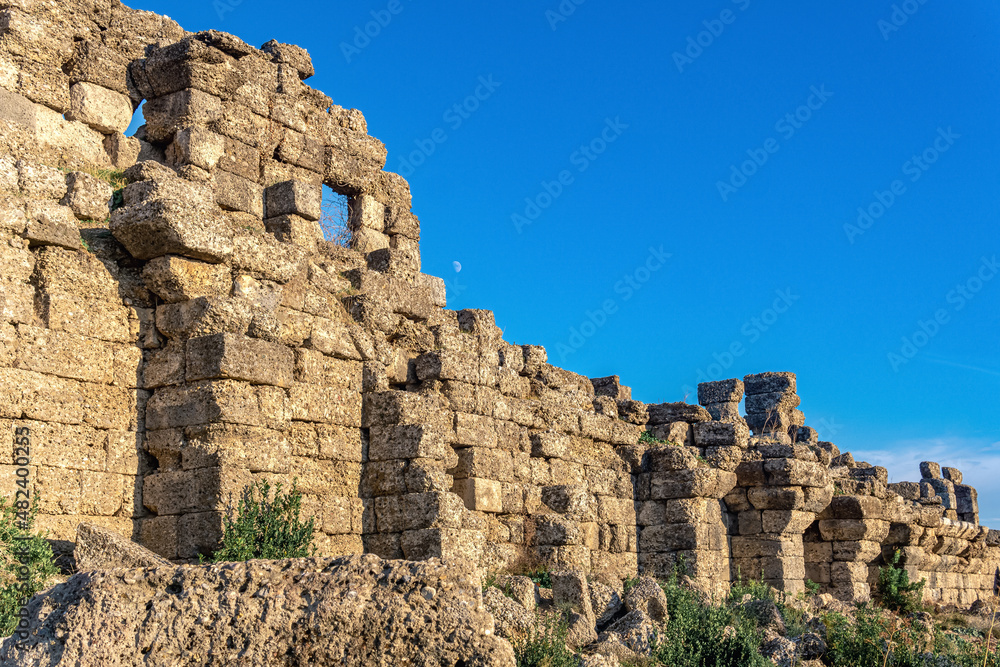 ruins of ancient city walls in Side, Turkey