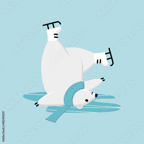Polar bear ice skating training. Funny cartoon winter sport mascot
