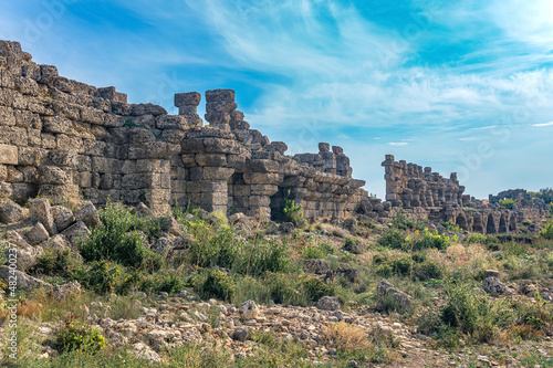 ruins of ancient city walls in Side, Turkey