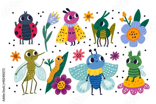 Funny bugs. Colorful insects characters. Nature creations. Cute beetles. Grasshopper and ladybug. Caterpillar on leaf. Butterfly and mosquito. Midge on flower. Vector small animals set