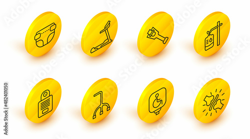 Set line Joint pain, knee pain, Disabled wheelchair, Walking stick cane, Intercom, IV bag, Prosthesis leg, Treadmill machine and Adult diaper icon. Vector