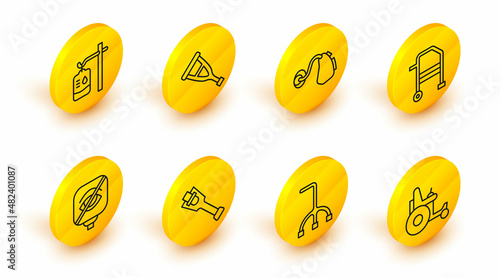 Set line Electric wheelchair, Walking stick cane, Prosthesis leg, Blindness, Walker, Hearing aid, Crutch or crutches and IV bag icon. Vector
